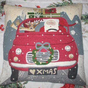 Pottery Barn road trip Santa embroidered pillow cover & Feather Insert